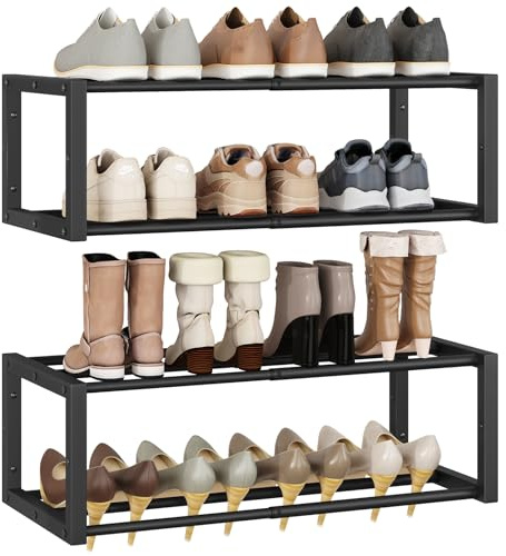 IBUYKE 2 Stück Schuhregal Wandmontage 41-73cm Ausziehbar, Schwarz TXJ001B-2 | Hängendes Metall Schuhständer für 12-16 Paar Schuhe, Platzsparende Wand-Schuhablage, für Eingang Flur Schrank