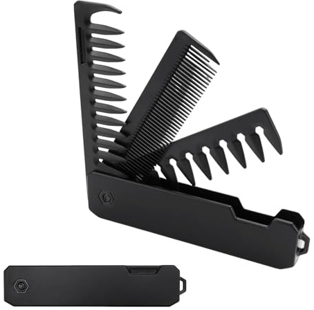 3-in-1 Folding Beard & Hair Comb for Men, Portable Pocket Size with Fine & Wide Teeth for Travel Styling Mustache Grooming (Black)