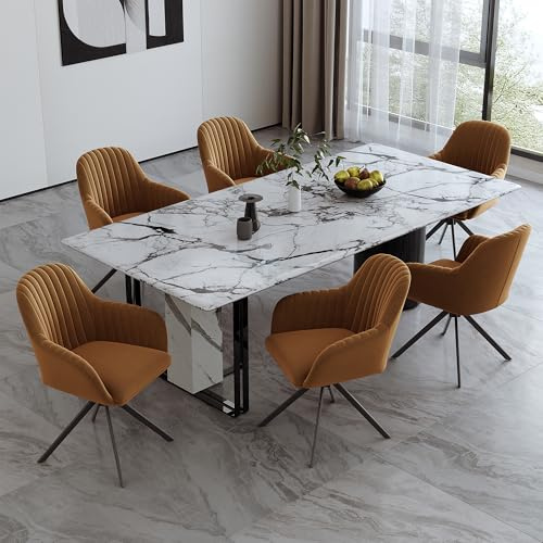 Hawthyhome Esszimmerstühle 6er Set Samt Drehstuhl Braun/Schwarz | Drehbar Esszimmerstuhl mit Armlehne,Küchenstuhl mit Metallgestell und Rückenlehne für Esszimmer,Wohnzimmer,Büro