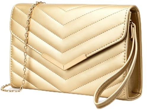 Larcenciel Pochettes et Clutches Femme avec Poignet – Sac à Main Doré Élégant en Cuir avec Chaîne, Pochette Soiree Enveloppe, Sac Bandoulière Femme Tendance pour Mariage, Ceremonie, Fête, 23x15x5CM