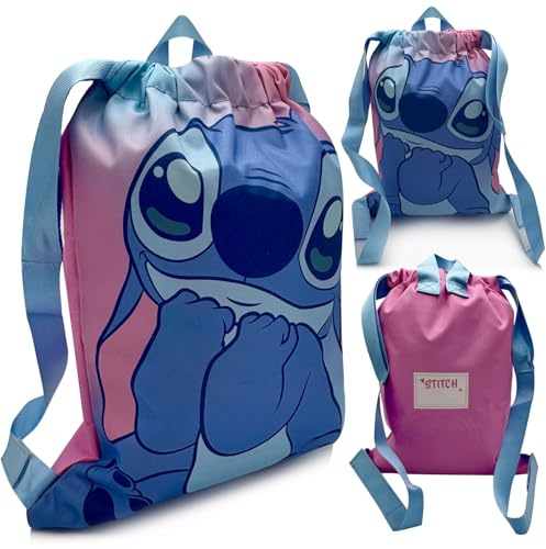 The Geeky Pop Disney Stitch – Turnbeutel Mädchen – Sportbeutel Kinder 100% Polyester – 32x24,5 cm – Blau Rosa – Schwimmbeutel Sporttasche Strand – Geschenk