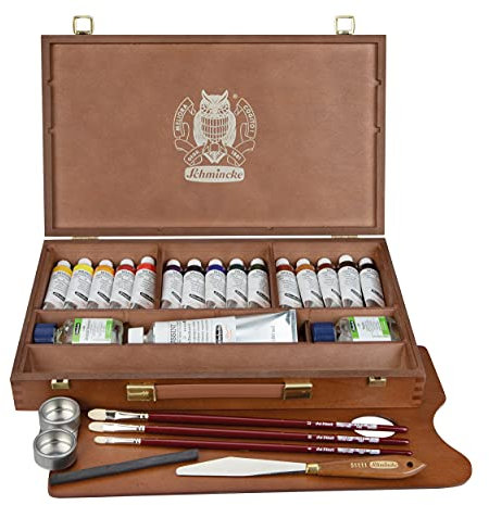 Schmincke - MUSSINI® colori ad olio e resina sopraffini. Confezione premium in legno, set da 15 x 35 ml, 70 615 097, accessori: bianco 150 ml, trementina, tappo per tavolozza, 3 pennelli daVinci