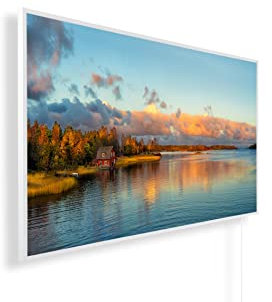 Infrarotheizung mit Bild – Herbst Bildmotive – TÜV SÜD - 600 Watt Bildheizung + Smart Thermostat + Könighaus APP - Weißer Rahmen (01. Haus am See)