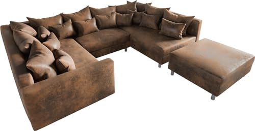 DELIFE Couch Clovis Braun Antik Optik mit Hocker und Armlehne Wohnlandschaft Modulsofa