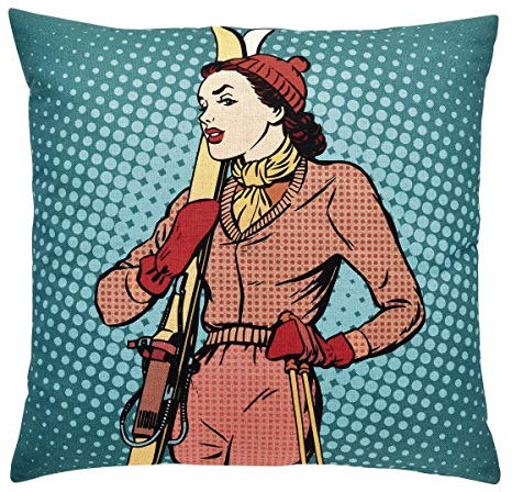 PAD - Retro - Kissen, Zierkissen Kissenhülle - Baumwolle - Skifahrerin, Ski - 50 x 50 cm - ohne Füllung!