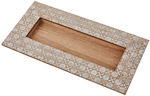 Mopec Bandeja madera con flores talladas 14x28cm, beige, Talla única