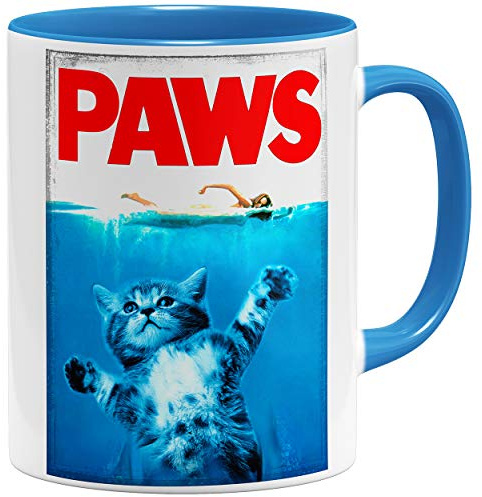 OM3® PAWS Cat Katzen Kaffee-Tasse - Keramik Becher - 11oz 325ml - Beidseitig Bedruckt - Hellblau
