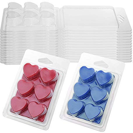 HugeDE 20 Pcs 6 Cavity Clear Plastic Wax Melt Molds Soap Wax Melts Boxes Clamshell Mould Cube Tray for Candle Making Heart shape