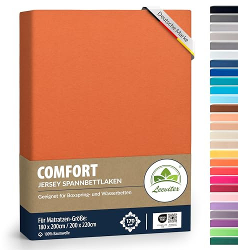 leevitex® Premium Spannbettlaken 180x200-200x220 cm - 40 cm Steg - auch für Boxspringbett & Wasserbett | 100% Mako-Jersey-Baumwolle | ÖKO-TEX | 170g/m² | Terrakotta/Dunkelorange