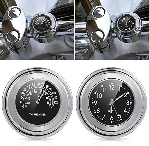Baceyong Motorrad-Uhren, 2Stück Uhr Für Motorradlenker Und Thermometer Temp, Universal Wasserdicht Fahrraduhr Motorraduhr Lenkeruhr Für Lenker 7/8 (22Mm), Lenkerhalterung Mini Uhr Digital, Schwarz