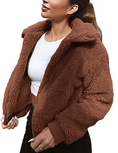 Onsoyours Damen Mantel Plüschjacke Frau Wintermantel Kurzmantel Warm Cardigan Kapuzenjacke mit Taschen Winterjacke A Kaffee M