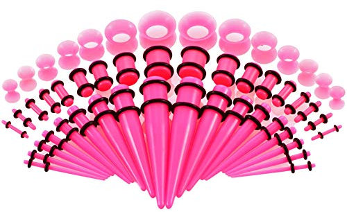 vogem 50 Stück Acryl Ohr Dehnung Kit Set Rosa Ohrstöpsel Taper Expander 16g-00g Silikon Ohr Tunnels Damen Herren