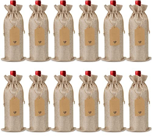 Tigerkinwit Weinbeutel 12 Stücke Weinflasche Abdeckung Weinflaschenbeutel mit Kordelzug Anhänger und Seilen Wiederverwendbar Wein Geschenk Taschen für Hochzeit Reisen Geburtstag Urlaubsparty(Leinen)