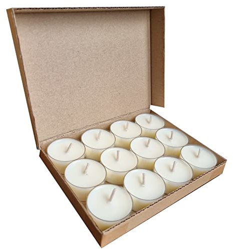 12 Natural Unscented 100% Vegetable SOY WAX Tealight Candles Minimum 4 Hours Burn Time Paraffin-Free Non-Toxic Vegan Tealights in Clear Cup for Oil Burner & Wax Melter
