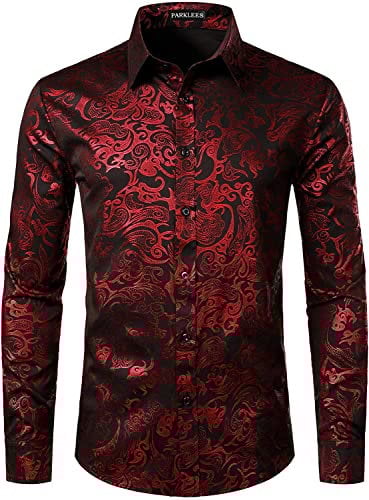 PARKLEES Men's Luxury Gold Prom Design Slim Fit Long Sleeve Button up Party Dress Shirts Black Red L