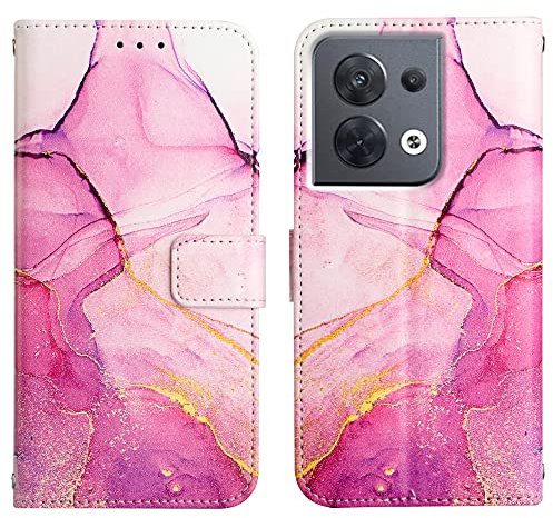 OPPO Reno8 5G Phone Case Marble Shockproof Leather Flip Folio Book Wallet Cases with Card Holder Stand Magnetic Closure Silicone Bumper Protector Cover for OPPO Reno 8 5G, Purple & Pink