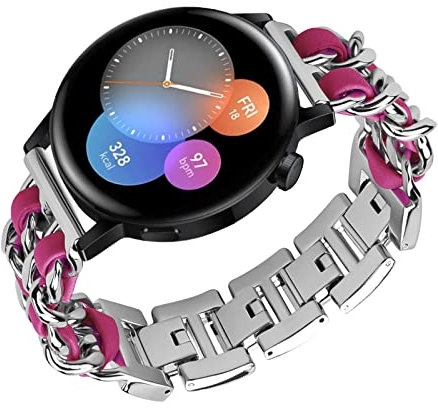 Metall mit Leder Armbänder für Huawei Watch GT 3 42mm, Damen Edelstahl Ersatzarmband Kompatibel mit GT 3 (G)