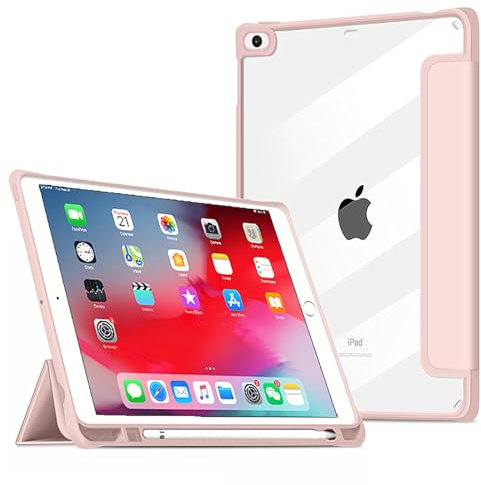 VAGHVEO Étui pour iPad 9.7 2018 2017 / iPad Air 1/2 Coque avec Porte-Stylo, iPad 6e/5e Génération Triple Support en Cuir PU Coque + Cover Housse Arrière Transparente de Protection Antichoc, Rose