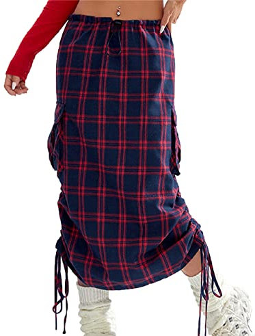 Women's Loose Plaid Skirt Fashion High Waist Casual Drawstring Side Work Skirt Long Pencil Skirt