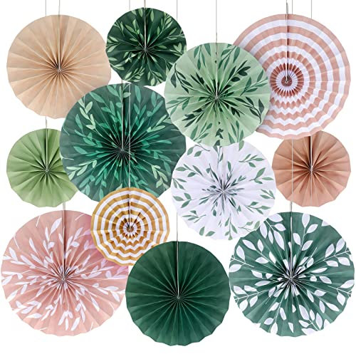 Thenshop 12 Pcs Sage Green Hanging Paper Fans Boho Hanging Ceiling Decoration Vintage Floral Round Paper Fans Garden Themed Party Decor for Tea Party Wedding Garden Bridal Birthday Indoor Outdoor