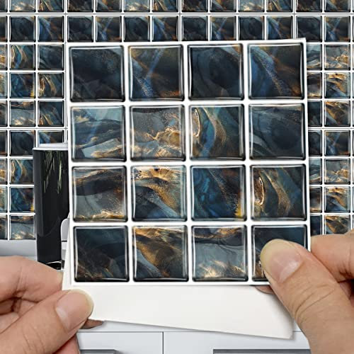 Alwayspon 25Pcs 15cm/6inch Dark Blue Marble Mosaic Effect Tile Sticker, Peel & Stick Self-Adhesive Splashback Fireplace Stairs Tile Sticker Transfers, Stick on Tile for Kitchen Bathroom Wall