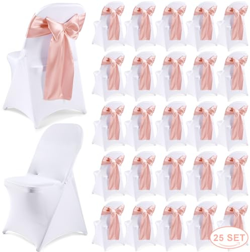 Lounsweer 50 Pcs Folding Chair Cover Set with 25 Stretch Spandex Chair Slipcovers 25 Satin Chair Sashes Bows Chair Ribbon Washable Banquet Chair Protector for Wedding Event(White, Rose Gold)