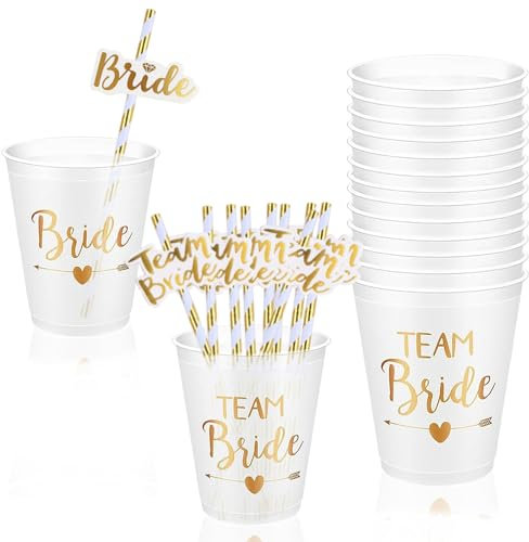 ZoneYan Braut und Team Braut Tassen, Team Bride Becher und Strohhalme, Bachelorette Party Cups, Team Braut Schnapsgläser, Hartplastik Becher Bride to be Deko JGA (16pcs)