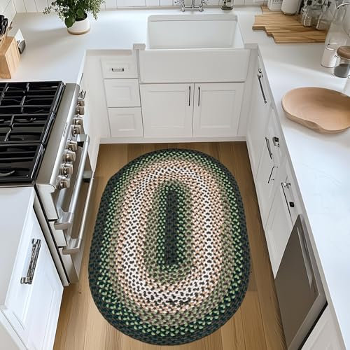 Ovaler geflochtener Teppich aus Baumwolle für rustikale Küche, Bad und Eingangsbereich, geflochtener Teppich aus Baumwolle für Heimdekoration, satte Farben, weiche Textur, 61 x 0,9 m, Grün