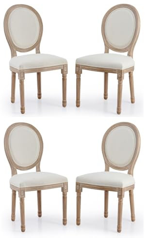 VONLUCE Accent Chairs Set of 4, French Upholstered Dining Chairs for Bedroom Living Room Kitchen, Vintage Vanity Chair with Oval Birch Backrests Rubberwood Legs, Louis XVI Farmhouse Home Decor, Beige