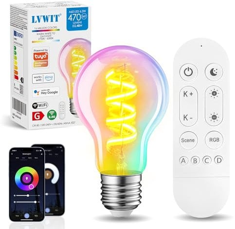 LVWIT Smart Glühbirne E27, 6.3W Filament A60 Edison, LED intelligente Birne 470lm, RGBCCT Dimmbar 2700-6500K, via APP und Fernbedienung steuerbar, 1er-Pack