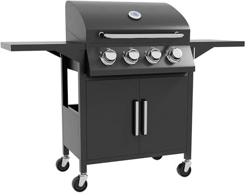 Outsunny 4 Burner Gas BBQ, Outdoor Grill, Portable Barbecue Trolley with Warming Rack, Side Shelves, Storage Cabinet, Thermometer, Carbon Steel, Black