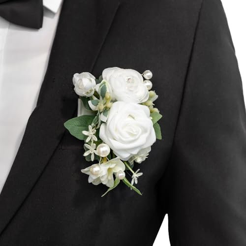 Ling's moment Single Boutonniere für den Bräutigam, künstliche Blumen für Hochzeitsdekoration/Abschlussball/Heimkehr/Abschlussfeier usw. Weißer Ranunkel Elfenbein