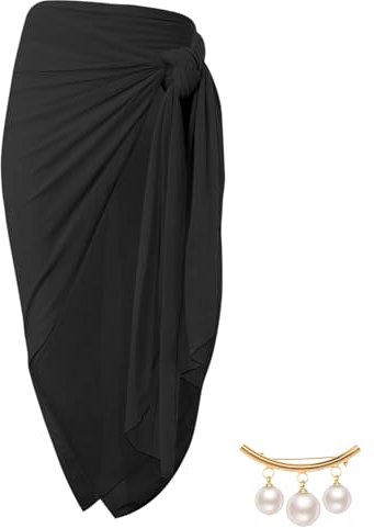 VEGCOO Noir Wrap Plage de Femmes, Couverture de Bikini Jupes Wrap avec Boucle Anti-Exposition, Jupe de Sarong Femmes, pour Maillot de Bain en Mousseline