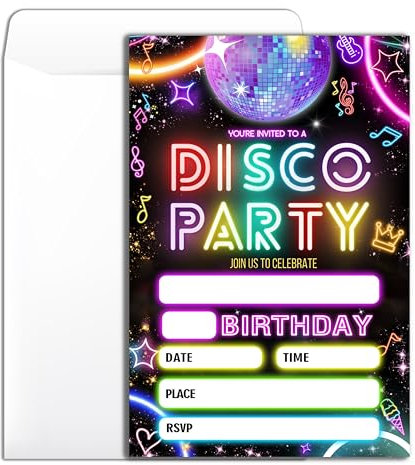 Wybgno Disco Geburtstagsparty-Einladung, Retro-Neon-Thema, Party, Geburtstag, Einladung mit Umschlägen, für Damen, Herren, Jungen, Mädchen, Party-Einladungskarten, 10,2 x 15,2 cm, B006