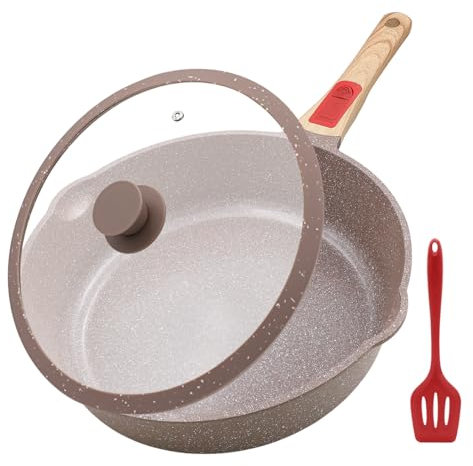 AIKENBBKK Keramik Pfanne 28 cm mit Deckel, Antihaft Keramikbeschichtung Bratpfanne 28 cm mit Abnehmbarer Griff, Geeignet für alle Herdarten, Backofen und spülmaschinenfest (Braun)