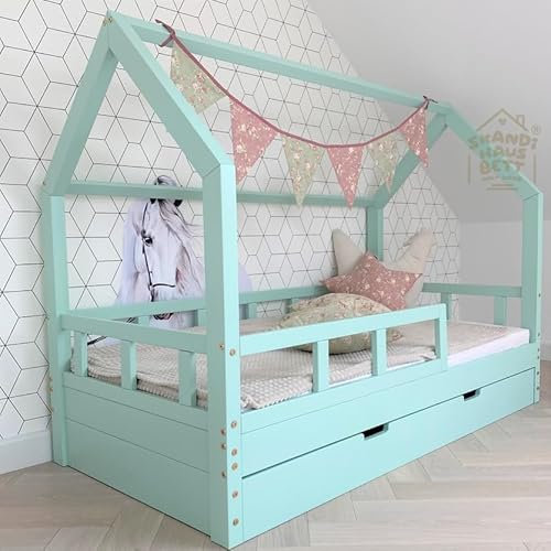 Skandi Hausbett 60x120 Minze - Bell - Kinderbett mit Bettkasten - Rausfallschutz Bett Holz für Kinderzimmer - Kinderbett Mädchen und Jungen
