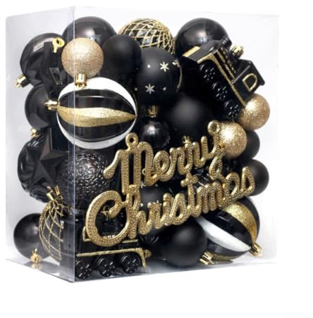 Hasaller 65-teiliges Weihnachtskugel-Ornament-Set, Weihnachtsbaumschmuck, hängende Kugeln, Weihnachtskugel, Dekoration, bruchsicher, Weihnachtsbaumschmuck für Weihnachtsbaum, Hochzeit, Party (Schwarz