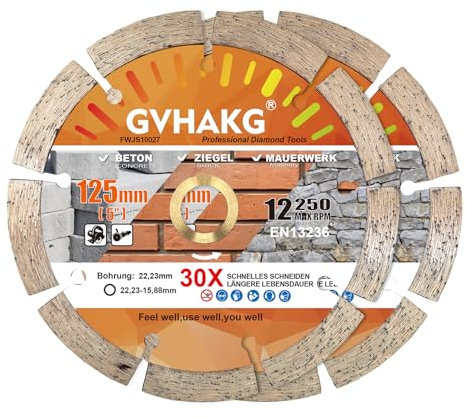 GVHAKG Diamant Trennscheibe 125 mm, Diamantscheibe für Beton Granit Stein Ziegel,Segmentiert Trennscheibe für Winkelschleifer und Flex(125 x 22,23mm-2pcs)
