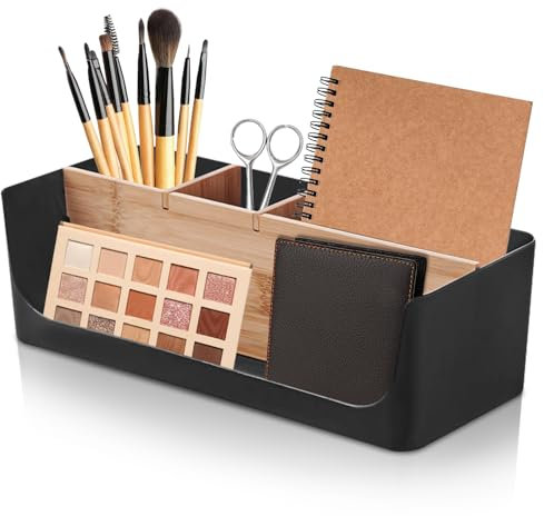 Schreibtisch Organizer, 4 Fächer Holz Schreibtischorganizer, Tisch- Büro- Kosmetik- Organizer mit Abnehmbar Fächer, Aufbewahrungsbox Desk Organizer für Stifte, Haftnotizen (Schwarz), 27*11.6*8.5 cm