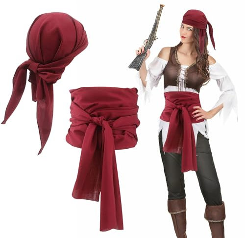 Kinwers Piraten Kopftuch Piraten Gürtel,Piratenkostüm Herren Piraten Aaccessoires Damen Piraten,Rotes Tuch Piraten Zubehör Damen,für Frauen Männer Vintage Kostüme