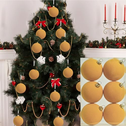 Velvet Christmas Balls Ornaments 6 Pcs,Sleek Color Design Christmas Balls, Shatterproof Christmas Decorations, Velvet Flocking Baubles,Xmas Decor for Indoor Chrimbo Party (Yellow)