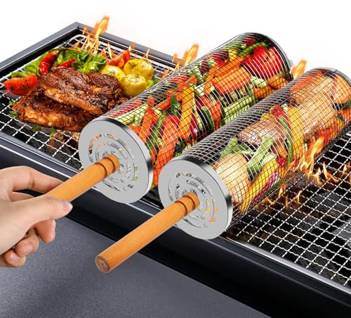 2 cestas de parrilla anidables con asas de madera extraíbles (11.8 x 3.9 pulgadas), acero inoxidable 304, malla de parrilla rodante para verduras y camarones, accesorios de barbacoa para hombres, tubo