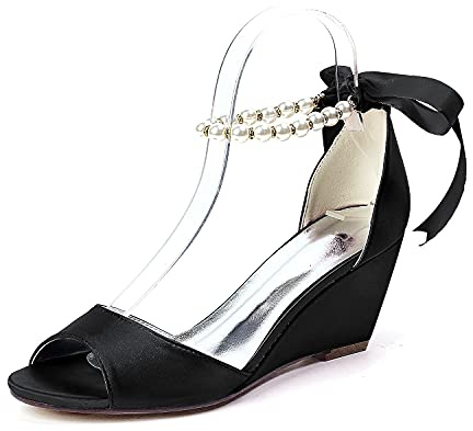 ZZQCCHL Donne Satin Open Toe Scarpe da Sposa Wedge Heel Abito da Sposa Scarpe con Pearl Caviglia Cinghia Sandali Prom Sera,Nero,42 EU