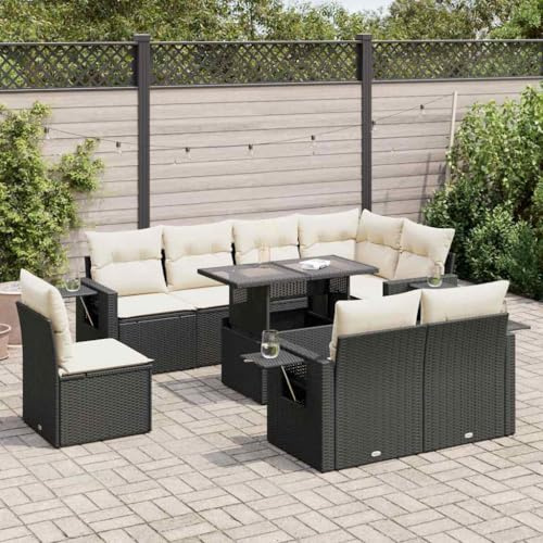 IKAYAA 9-TLG Polyrattan Lounge mit Verstellbare Gartentisch, Gartenlounge XXL mit Stauraum Gartenlounge Outdoor Terrassenmöbel außen Polyrattan Gartenmöbel Set Schwarz und Creme Type 2