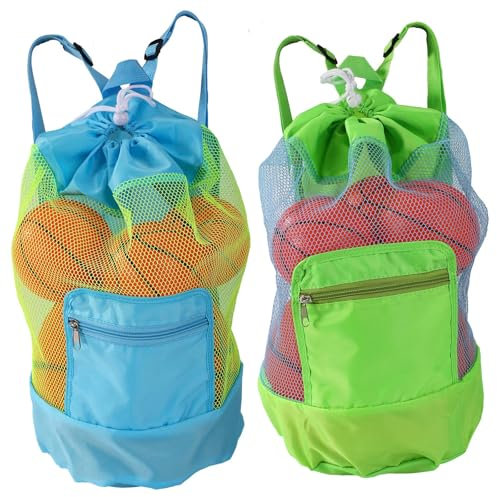 Lyreh 2stk Strand Netz Rucksack, Faltbarer Netz Strandspielzeug Tasche mit Verstellbaren Schultergurten für Kinder Männer Frauen Sportler Fitnessstudio Sport Training(Grün & Blau)