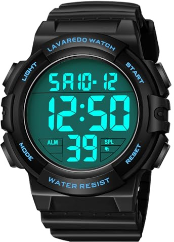 caprock Digitaluhren für Herren mit Leuchtfunktion, 5 ATM wasserdicht, Herren-Digitaluhr, Sportuhr mit Gummiarmband, Armbanduhr mit LED-Anzeige/Alarm/Stoppuhr,Negro-Azul