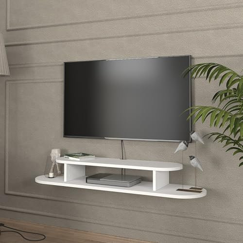 [en.casa] Meuble TV Mural Support Télé Flottant avec Compartiments de Rangement Ouverts Sorties de Câbles Intégrées Stable Moderne Pratique Salon Chambre Panneau de Particules 120 x 30 x 16 cm Blanc
