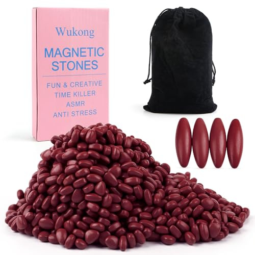 Wukong Hämatit Magnetsteine Tiefrosarot – 600 g (ca. 1000 Stück) mit 4 ovalen Magnetsteinen – Anti-Stress-Magnete für Erwachsene, kreatives Fidget-Spielzeug gegen Stress & ADHS