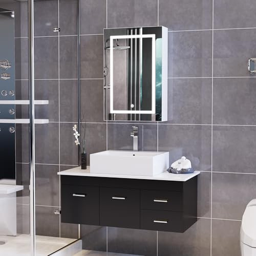 WSOFZMO Badezimmer Spiegelschrank mit Beleuchtung, Spiegelschrank Bad mit LED, Doppeltür&Einzeltür Hängeschrank, Badspiegel und Badschrank, 3 Lichtfarbe Einstellbare, Sensorschalter (Einzeltür)