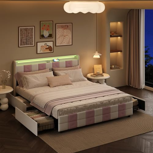HYNHXBP Lit Coffre 140x190 avec Éclairage LED et Ports USB - Lit tirors Rembourré avec Sommier,Chevet avec Rangement pour Adultes et Adolescents (Rose Blanc, 140 x 190 cm)